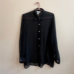 Shiri Kare 100% Silk Black Sheer See Through Long Sleeve Button Down Blouse Top
